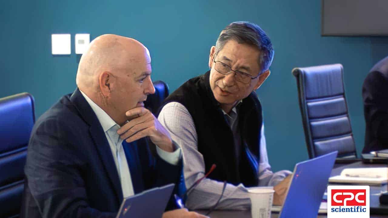 CDMO-Project-Management-CPC-Scientific John Phipps and Baosheng Liu, PhD discuss large-scale GMP peptide manufacturing projects during CPC Scientific meeting