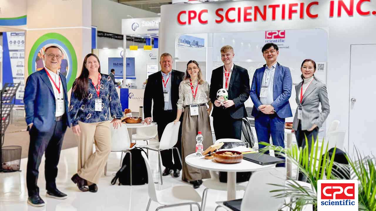 Shawn Lee, Theresa Cheng, and the CPC Scientific team at CPHI Frankfurt 2025, showcasing peptide and oligonucleotide CDMO and GMP manufacturing expertise